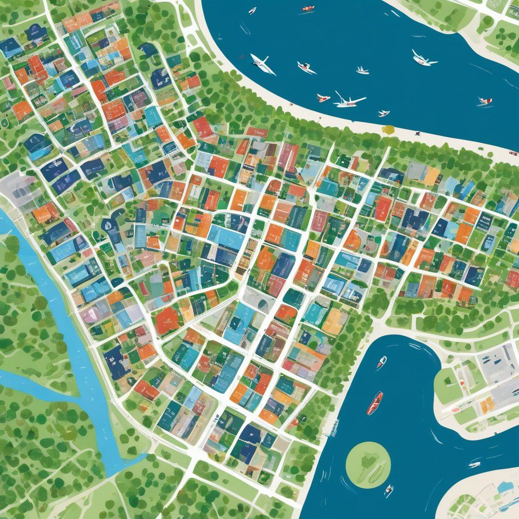 A detailed map of Somerville featuring colorful icons representing various condos and apartments, each tailored to diverse lifestyles like family living, young professionals, and retirees. In the background, add a vibrant skyline of Somerville with lush green parks and bustling streets, emphasizing community and lifestyle. The foreground can include diverse people happily interacting in their living spaces. vector art. vibrant colors. white background.