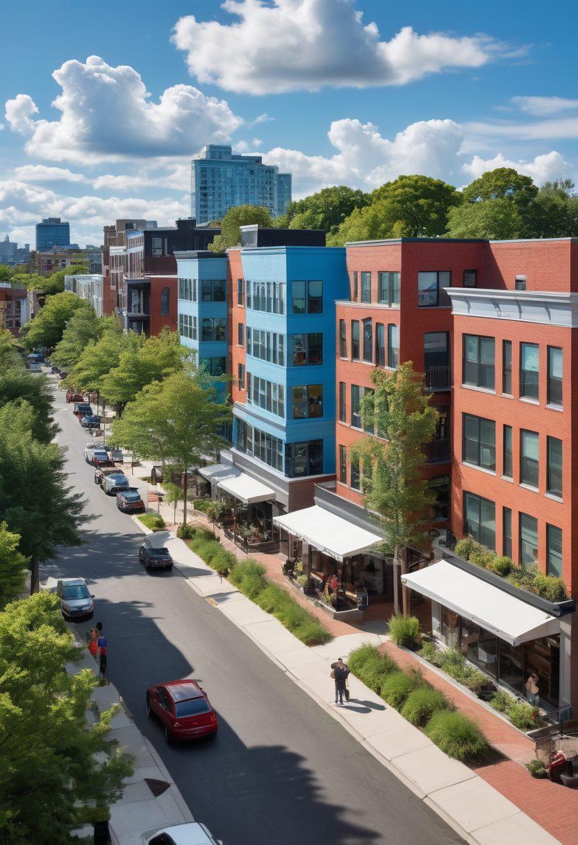 A picturesque skyline of Somerville showcasing a blend of luxury condos and affordable housing, with people enjoying the vibrant streets filled with cafes and boutiques. The foreground features a green park area with diverse residents mingling, while the backdrop highlights modern architecture with trees lining the streets. Bright blue skies with soft clouds enhance the scene, portraying a lively urban atmosphere. super-realistic. vibrant colors. white background.