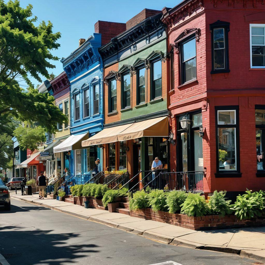 A picturesque street scene in Somerville, showcasing colorful vintage houses, lush greenery, and diverse community members enjoying outdoor cafes. Incorporate elements like affordable luxury items, local artisan shops, and vibrant street art to illustrate a lavish yet accessible lifestyle. Capture the essence of community spirit, blending relaxation and culture seamlessly. vibrant colors. super-realistic.